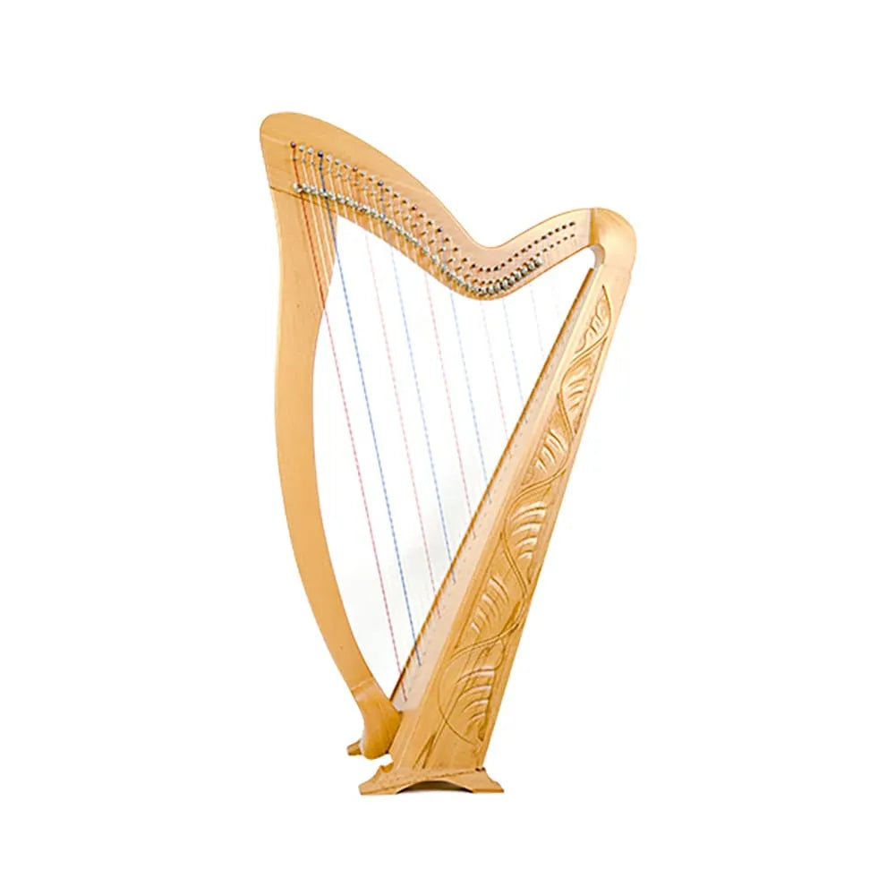 Meghan Harp - 36 Strings Carved with Padded Bag, 31 Sharpening Levers, Solid Beechwood, Natural Finish, 51 inches tall, 11kg