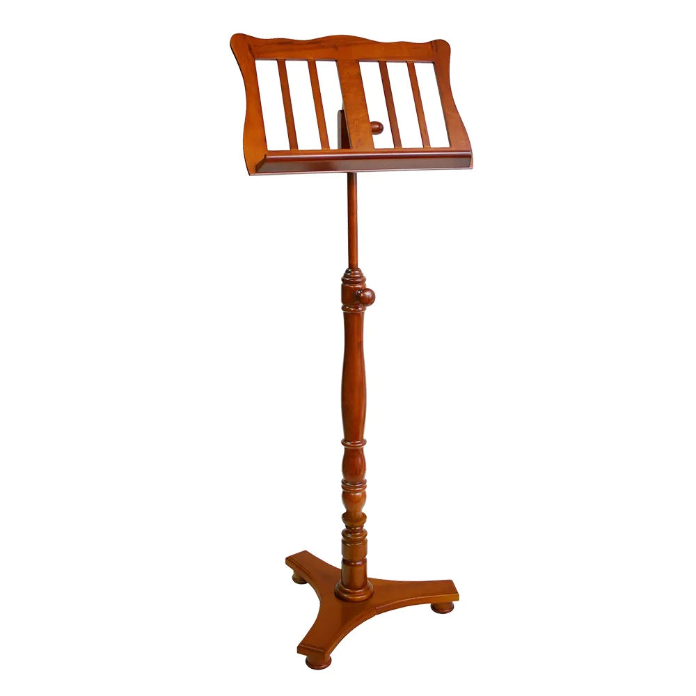 Wooden Music Stand with Low Base Vertical Slats - Walnut, Height Adjustable 84-118cm, Angle Adjustable Top