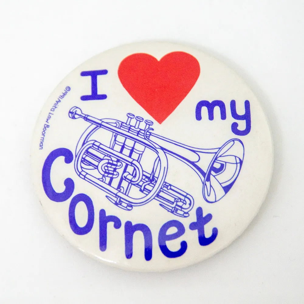 I Love My Cornet Badge 55mm Ø - White Circular Badge with Blue and Red Printing, Made in England