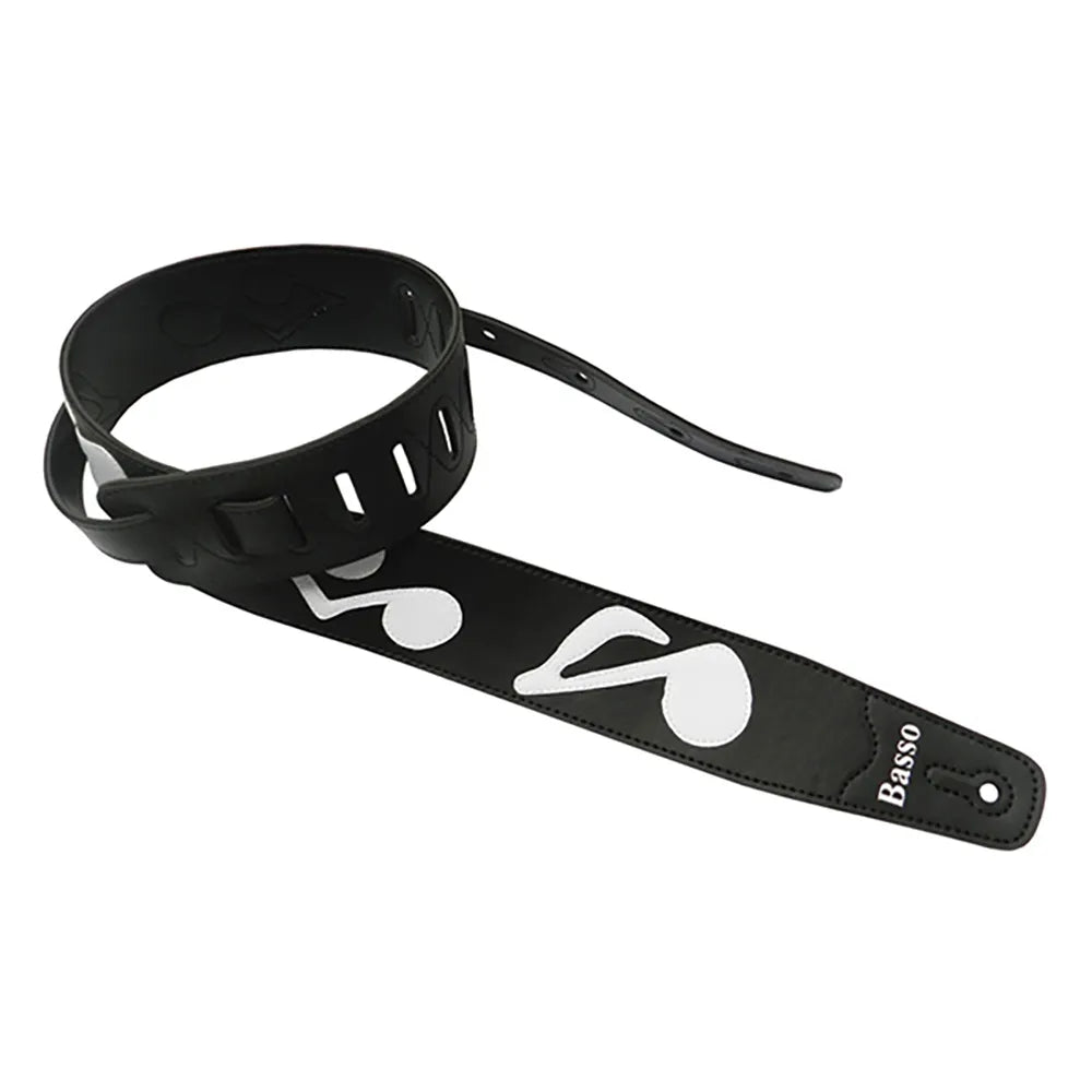 Basso Synthetic Guitar Strap with Stitched Musical Notes, Black, 100-150cm Adjustable Length, 6.0cm Width, Prevents Sweat Absorption