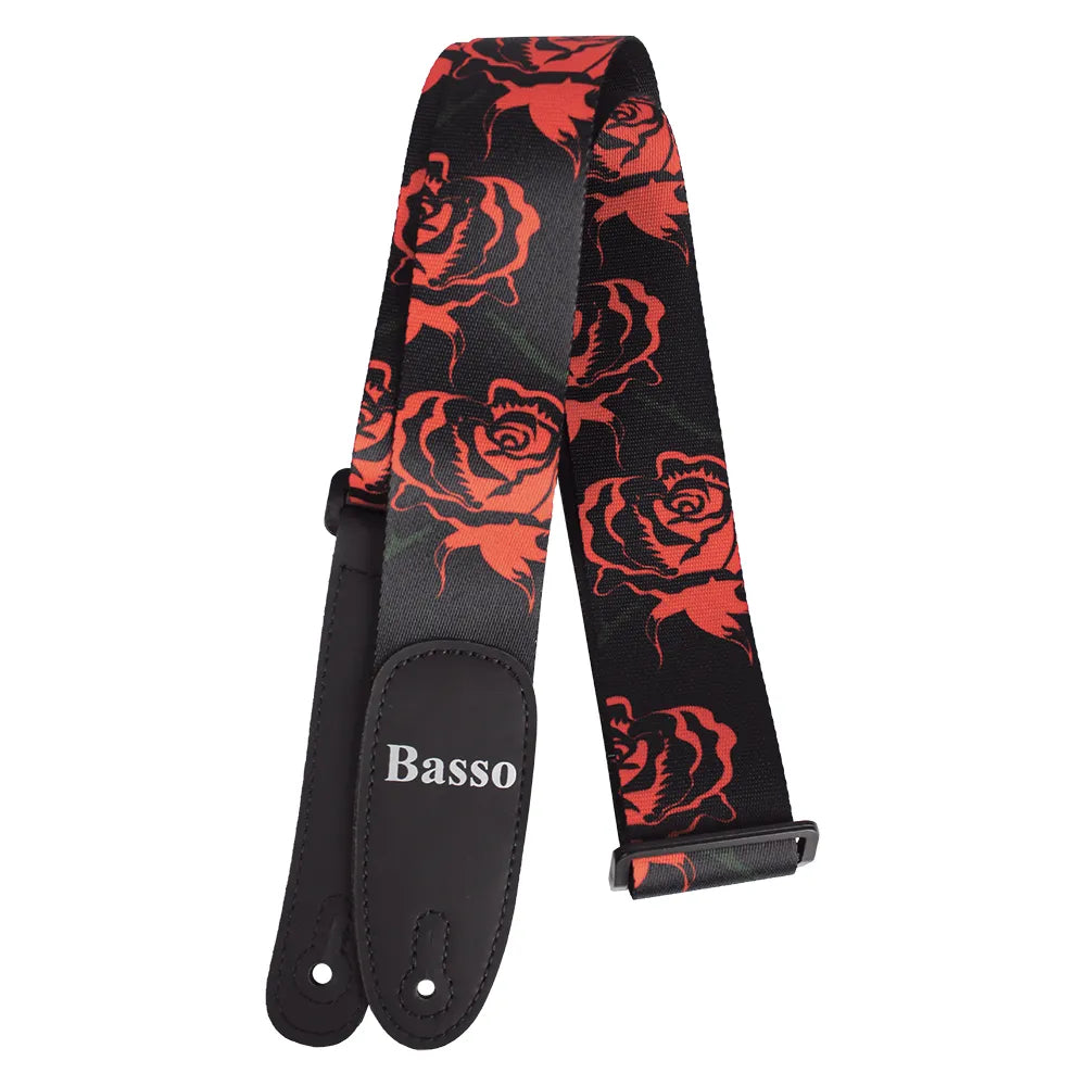 Basso Polyester Pop Art Red Roses Guitar Strap - Adjustable 100-155cm, 5cm Wide, Reinforced Ends