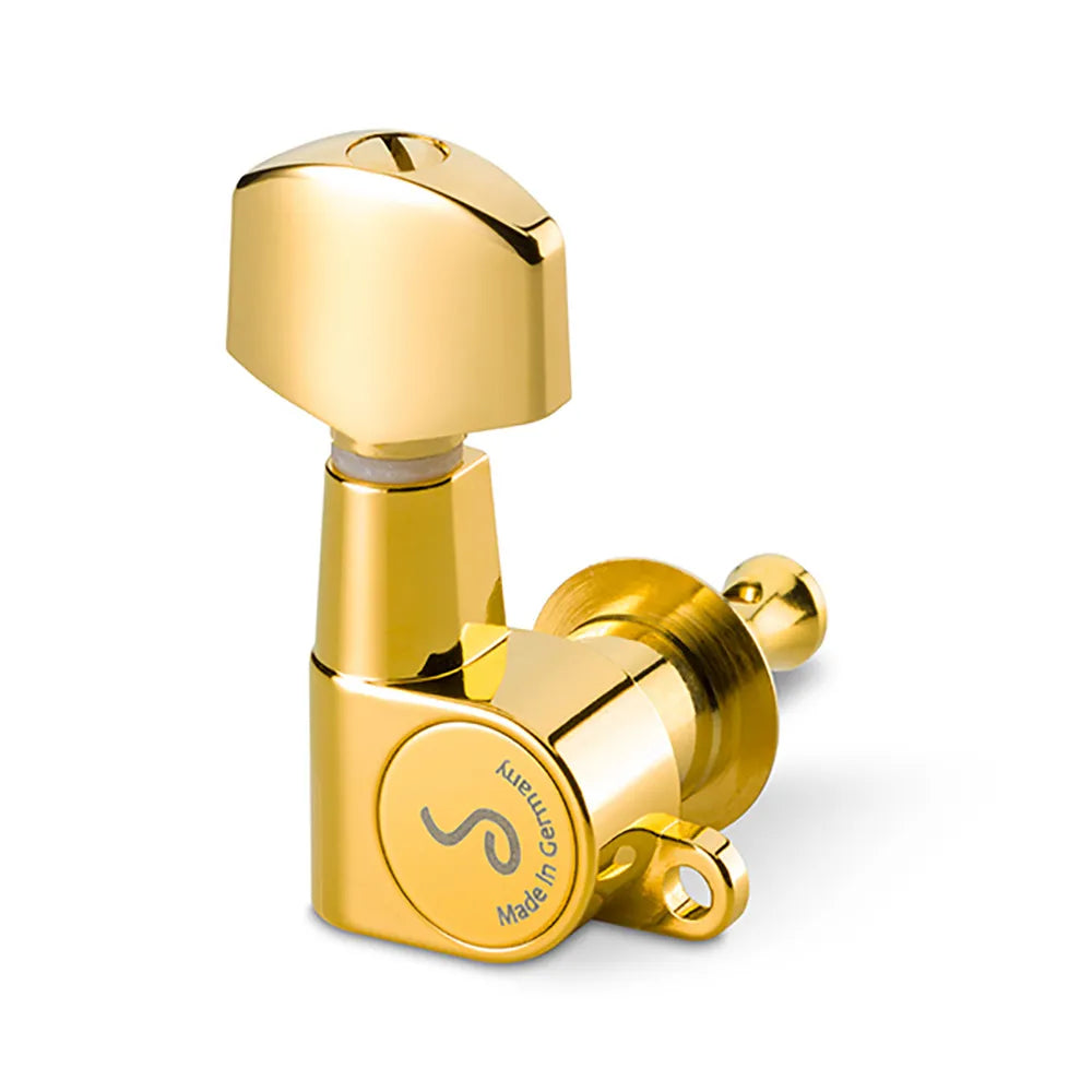 Schaller 3/3 M6-Mini Gold Machine Heads for Guitar - 1:14 Ratio, Lightweight, Precision-Crafted, Maintenance-Free, Ideal for Stratocaster & 12-String