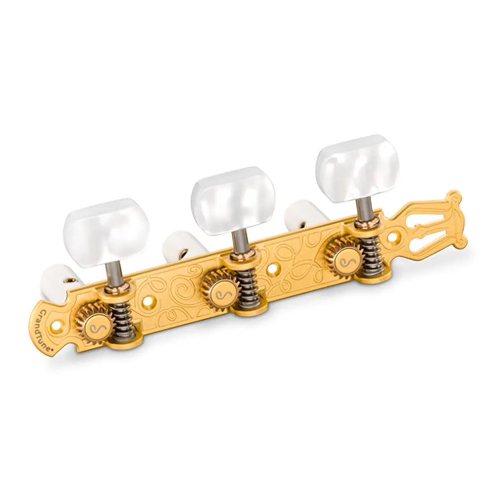 Schaller GrandTune Classic Lyre Machine Heads with Satin Gold Finish and PWS White Rollers