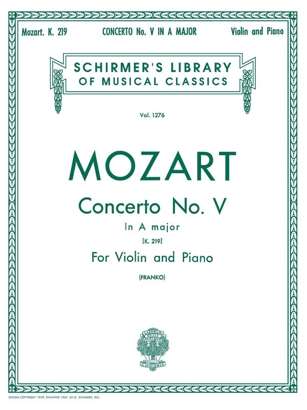 Mozart - Concerto No 5 A Major K 219 Violin/Piano (Softcover Book)