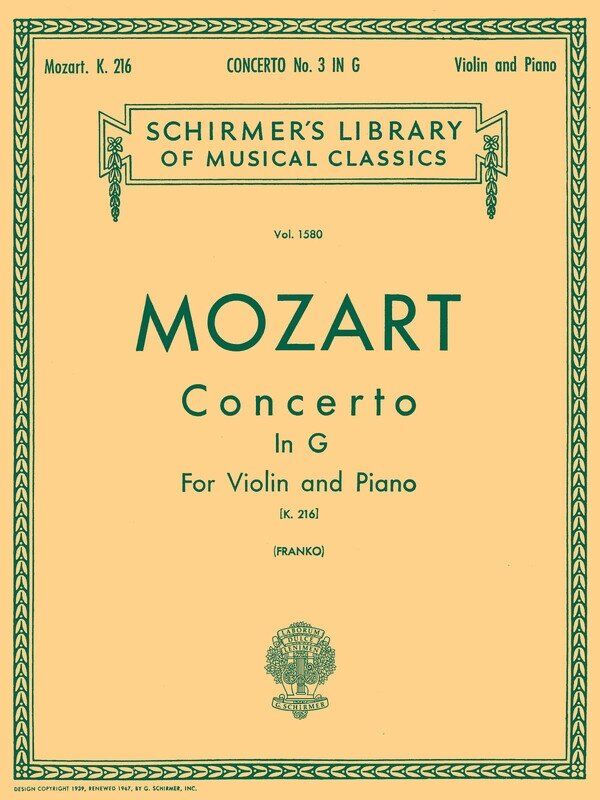 Mozart Concerto No. 3 in G Major K 216 for Violin and Piano Reduction, 40 Pages, G. Schirmer Publisher