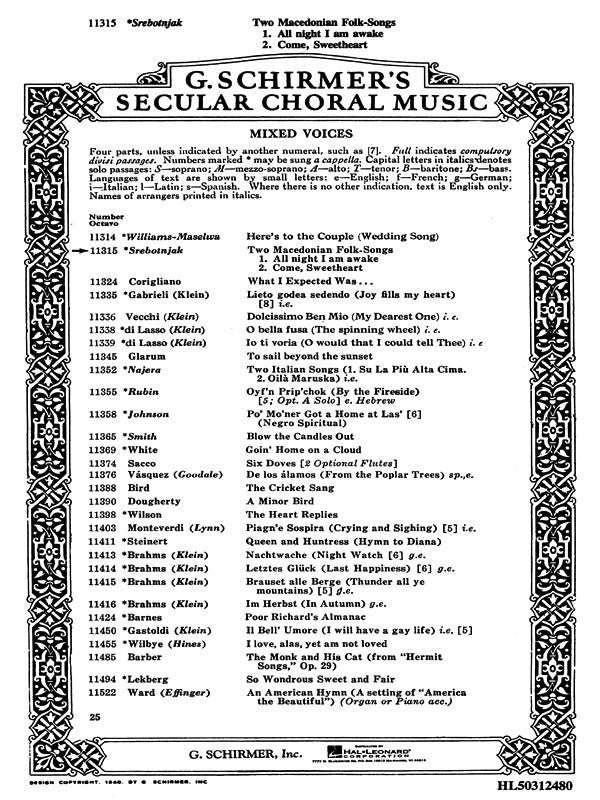 Schirmer - Two Macedonian Folk Songs SATB A Cappella