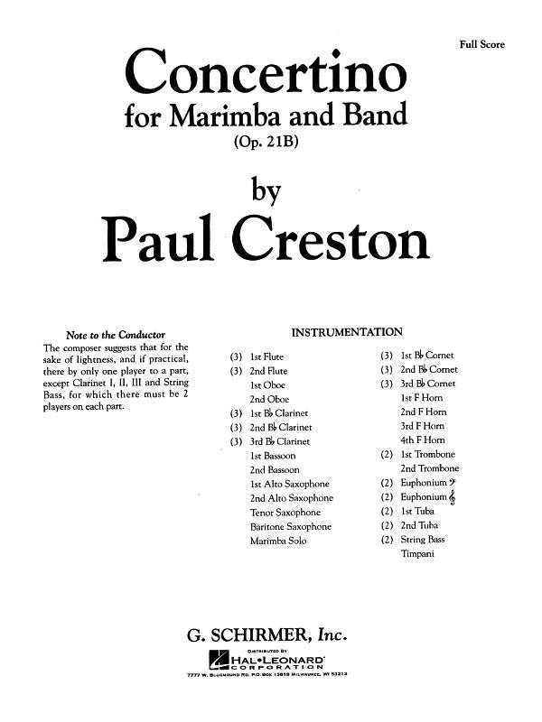 Schirmer - Creston - Concertino Op 21B Marimba/Band Score