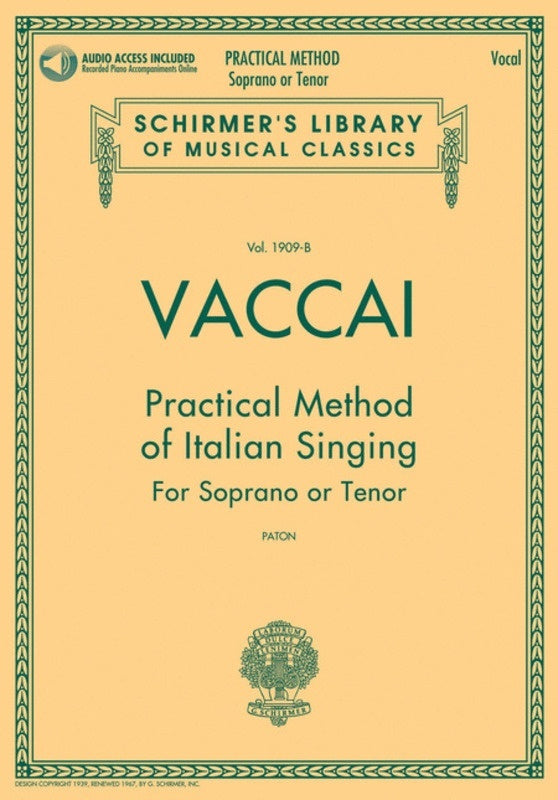 Schirmer - Vaccai - Method Of Italian Singing Soprano/Tenor Book/Online Audio