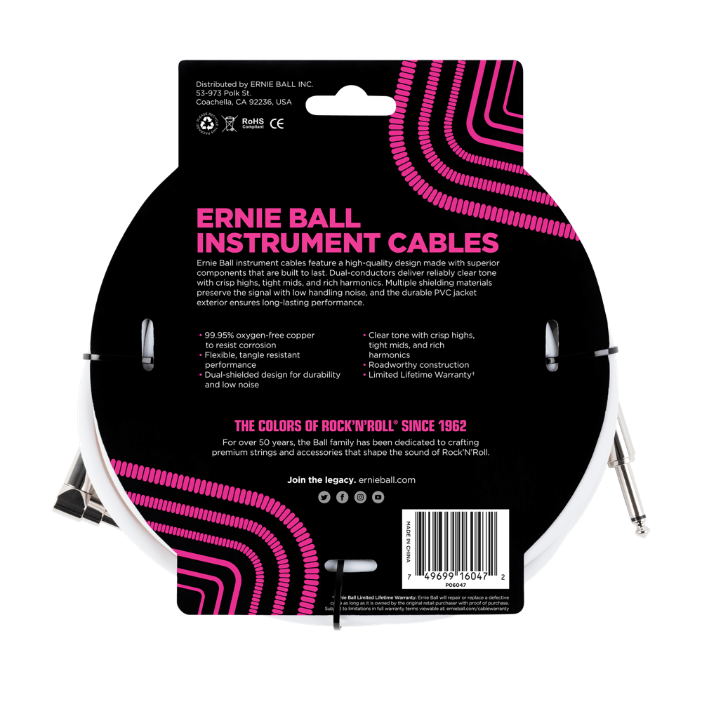 Ernie Ball 6047 Ultraflex 20ft (6m) White Instrument Cable Straight / Angle Lead — view 2