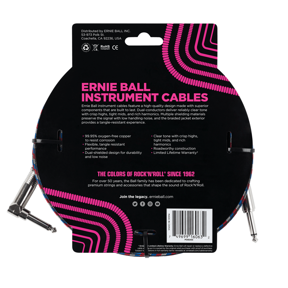 Ernie Ball 7.5 Meter Braided Straight / Angle Instrument Cable, Black / Red / Blue / White — view 2
