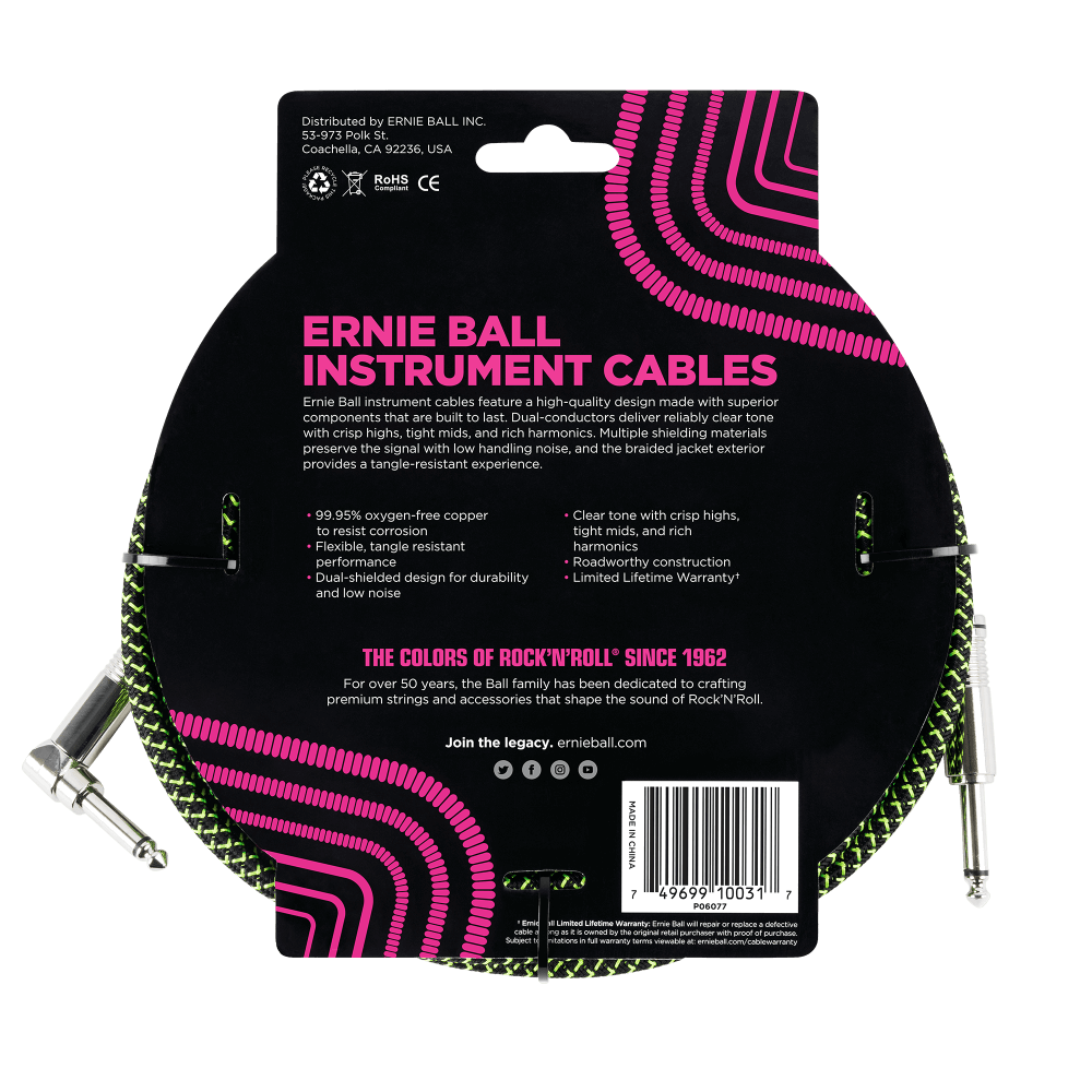 Ernie Ball 3 Meters Braided Straight / Angle Inst Cable, Black/Green — view 2