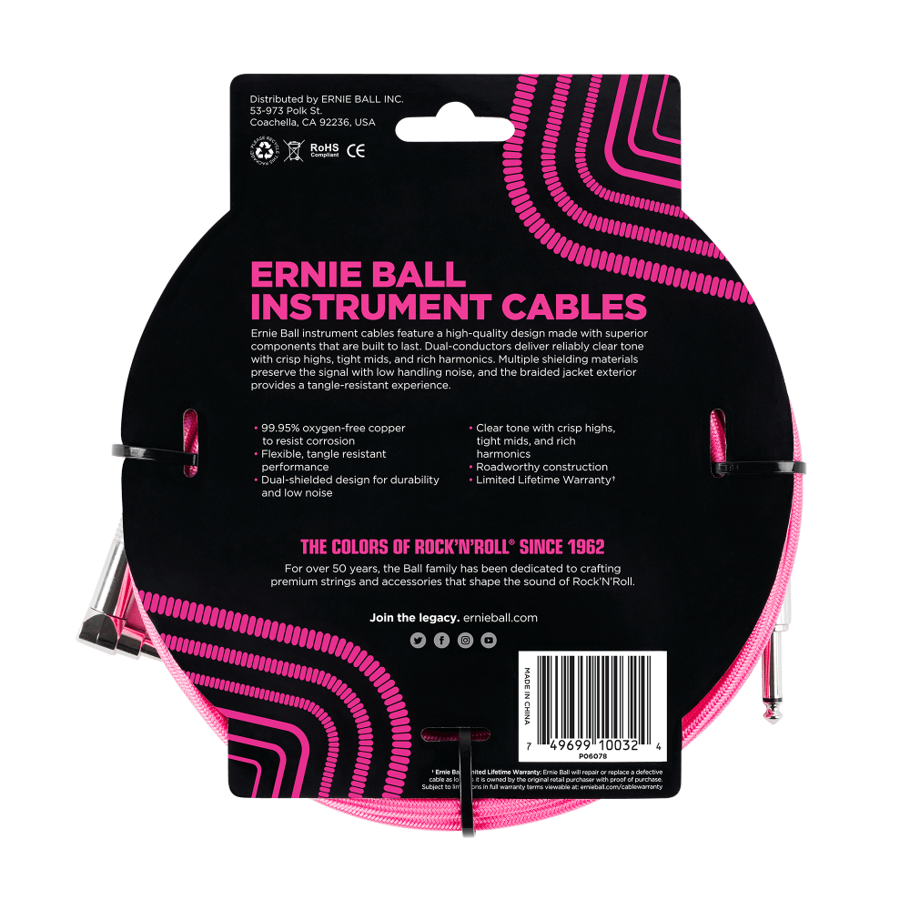 Ernie Ball 3 Meters Braided Straight / Angle Instrument Cable, Neon Pink — view 2