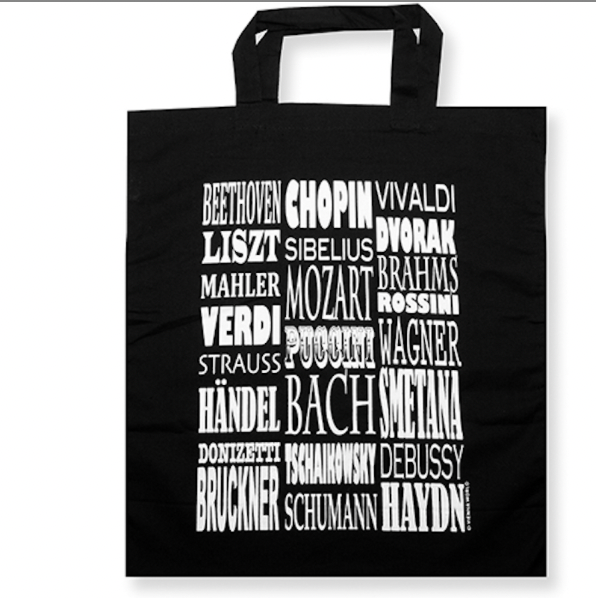 Black Tote Bag with White Composers Names, Short Handles, 38x40cm