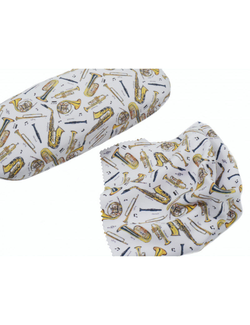 White Glasses Case with Brass Music Instruments and Microfiber Cloth — view 2