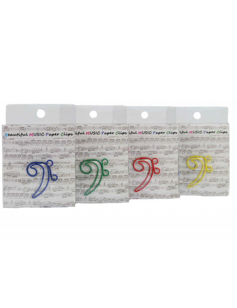 Pack of 12 Colourful Bass Clef Paper Clips in Blue, Green, Red and Yellow