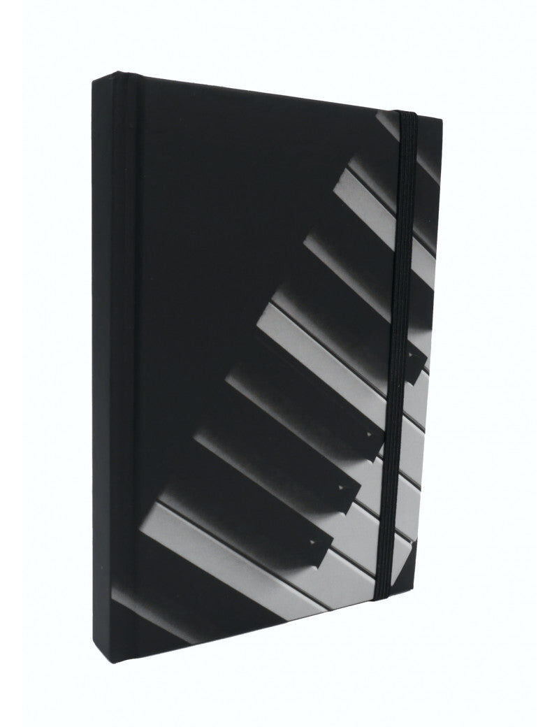 A6 Black Notebook with Piano Keyboard, Hard Cover, Pen Loop, Elastic Closure, Ribbon Bookmark, Expandable Pocket, 96 Sheets