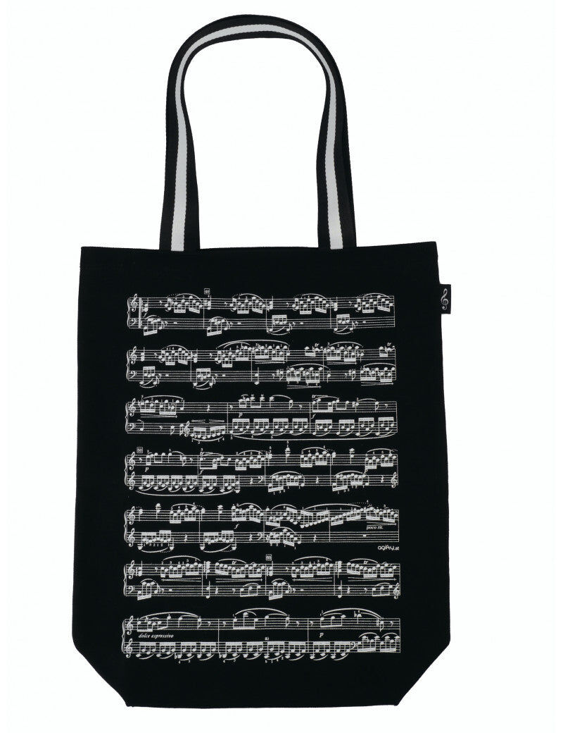 Black Canvas Tote Music Bag with White Manuscript and Striped Handle, 45cm