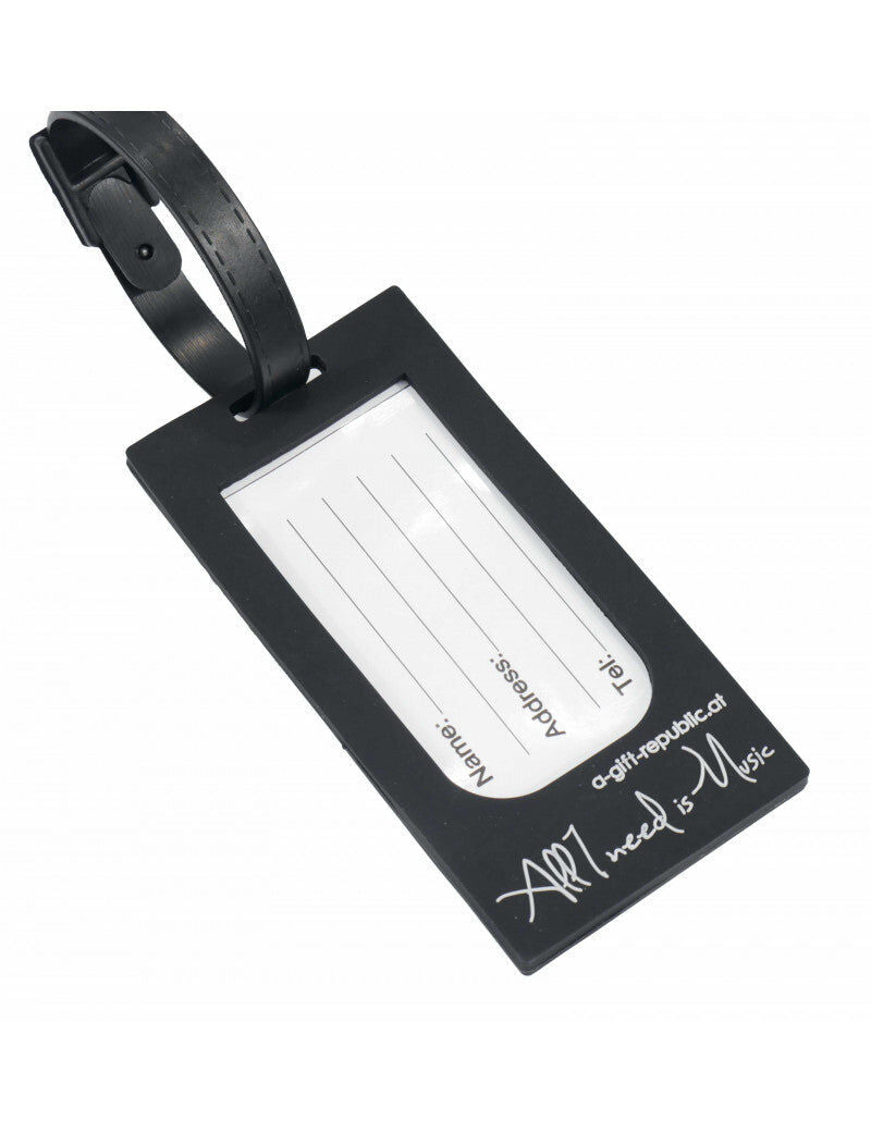 Black Luggage Tag with White Keyboard Design and Clear Window for Name and Address — view 2