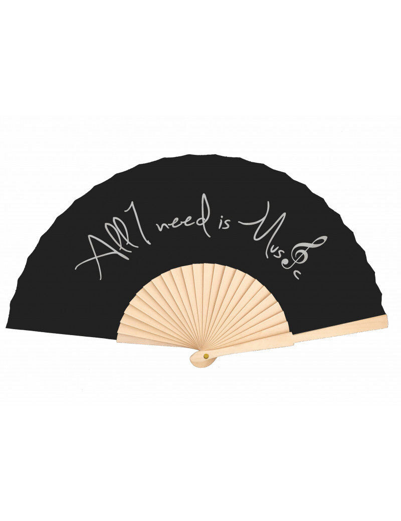 Hand Held Fan Black with Silver "All I Need is Music" Writing