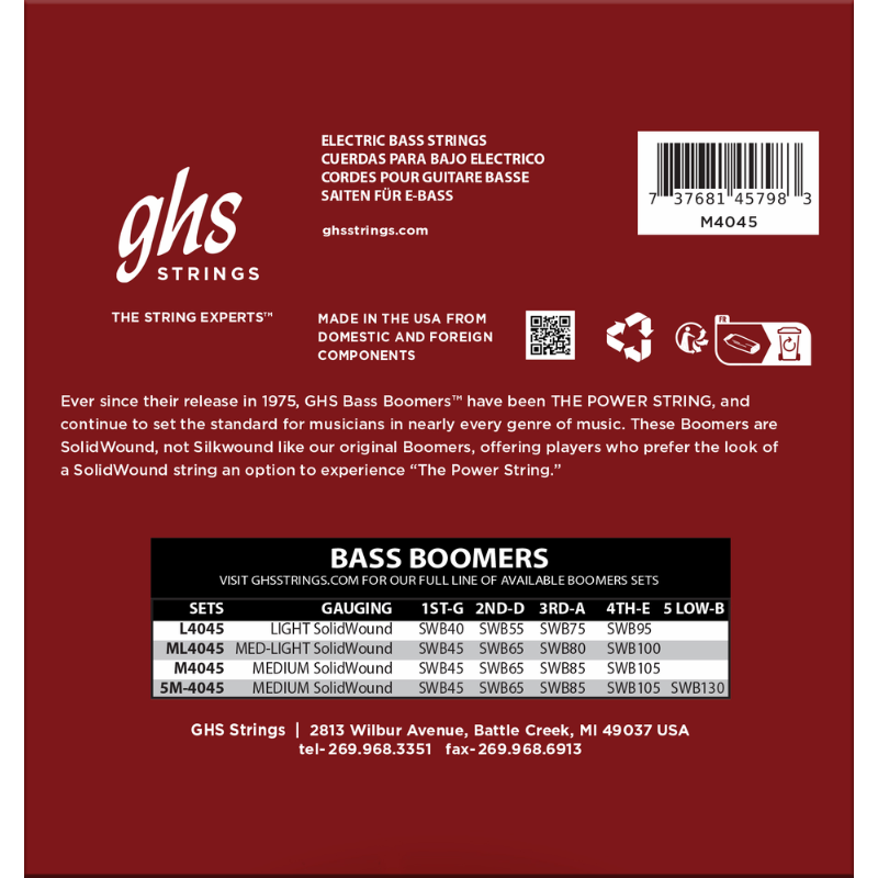 GHS L4045 Bass Boomers Nickel-Plated Steel Strings 40-95 Light 6-Pack — view 2