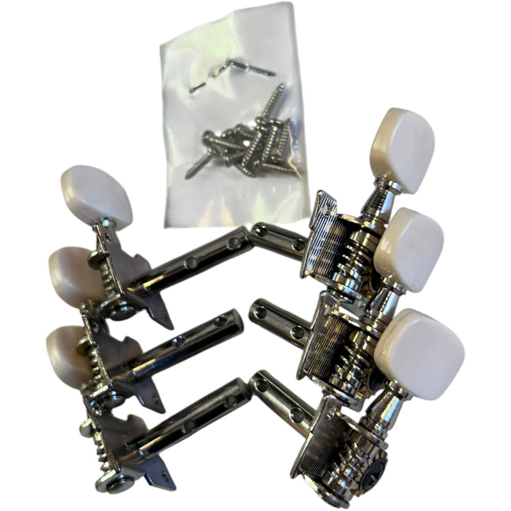 GT LA Series 3+3 Open Geared Tuning Machines Nickel Finish with White Buttons — view 4