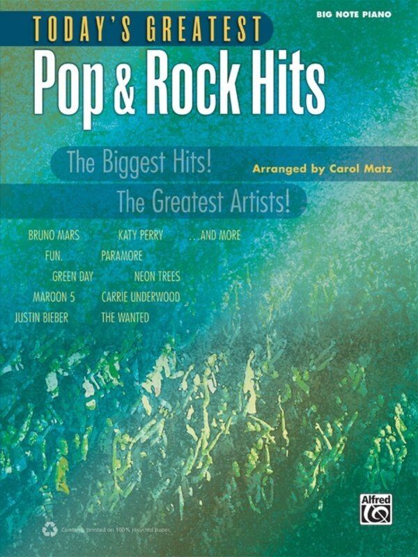 Today's Greatest Pop & Rock Hits Big Note Piano by Carol Matz, 144 pages, includes popular sheet music for beginner pianists.