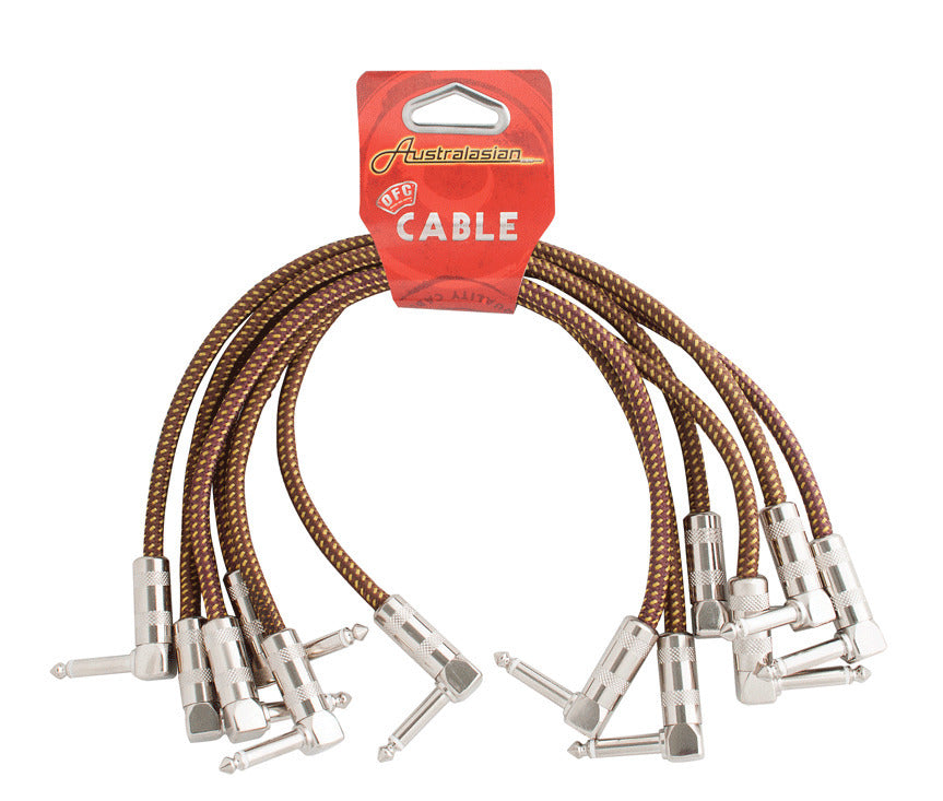 6 x Australasian 1 Foot Braided Tweed Patch Lead Cable Right Angle, Pedal Boards