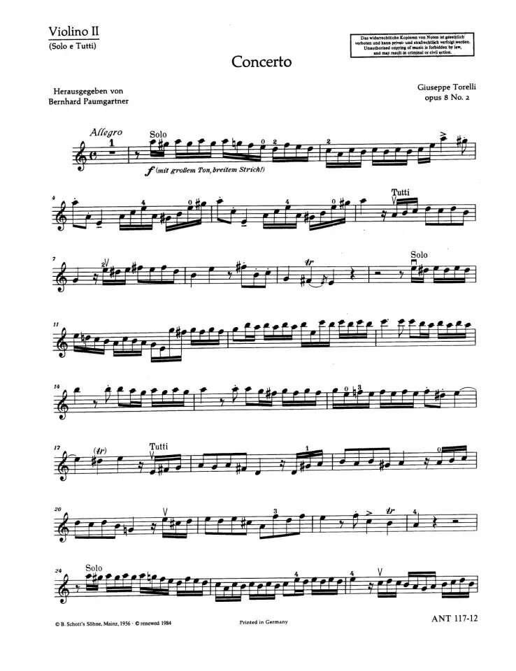 Torelli Concerto Op. 8 No. 2 Violin 2 Solo & Tutti Part by Schott Music