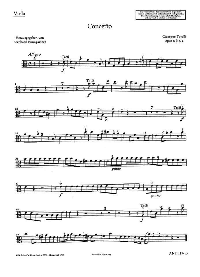 Torelli Concerto Op. 8 No. 2 Viola Part - Schott Music, 3 Pages