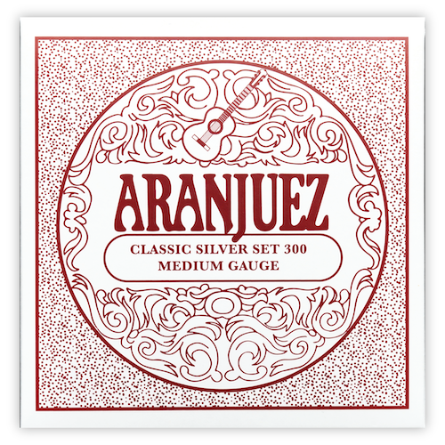 Aranjuez Classic Silver 300 Medium Tension Classical Guitar String Set - 6 Strings, Silver Plated Bass, Clear Nylon Trebles, Made in USA