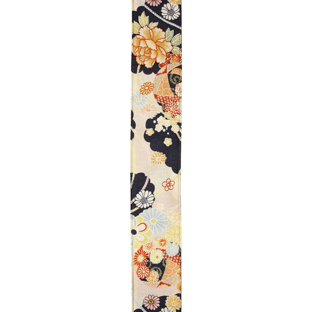 Aria 2" Deluxe Cotton Kimono Guitar Strap with Beige Leather Ends - Vintage Floral Design, Adjustable Length 33" to 59" — view 2
