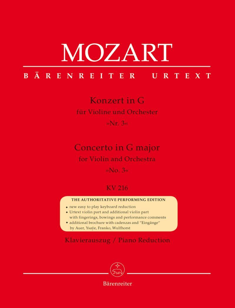 Mozart Concerto No. 3 in G Major K. 216 for Violin and Piano, Urtext Edition, with Performance Notes and Brochure of Cadenzas