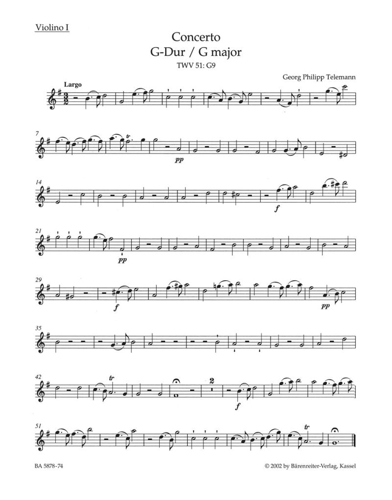 Telemann: Concerto in G for Viola, Strings & BC, TWV 51:G9 — Violin I Part, Urtext (Bärenreiter)