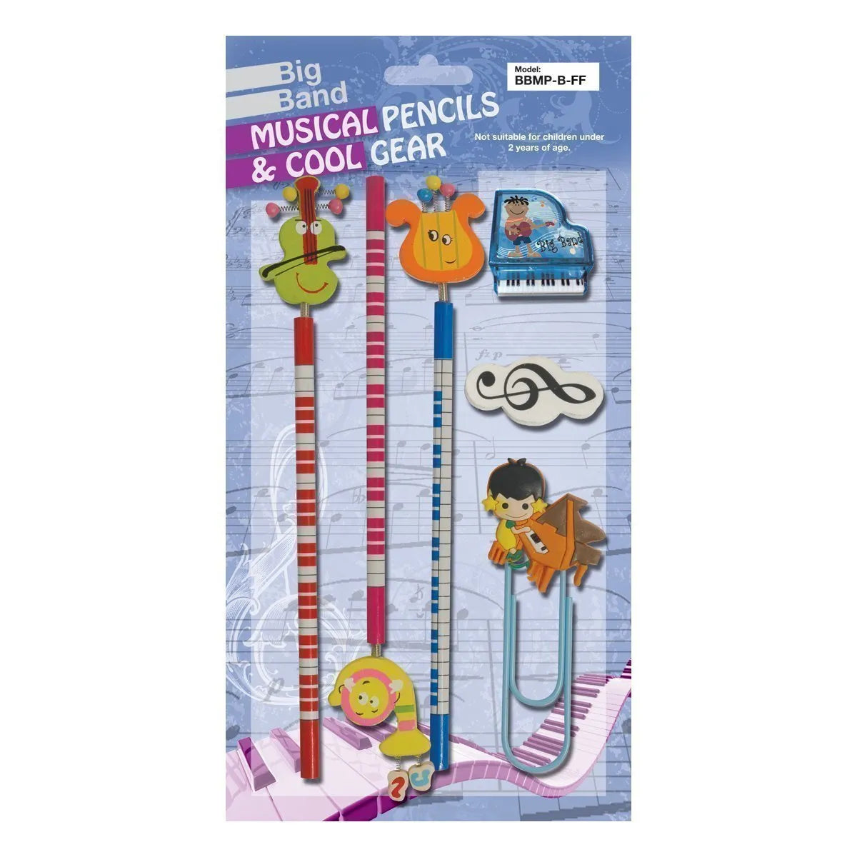 Big Band BBMP-B-FF Funny Face Pencil Set with Sharpener, Eraser, and Clip - Blue