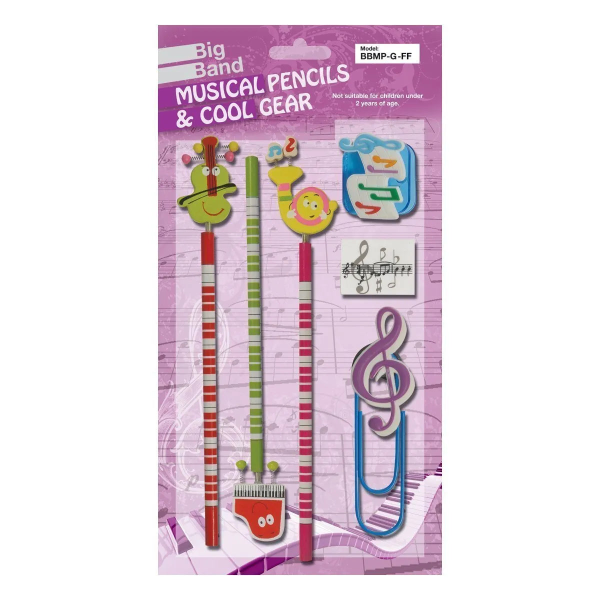 Big Band BBMP-G-FF Funny Face Pencil Set with Sharpener, Eraser, and Clip, Pink
