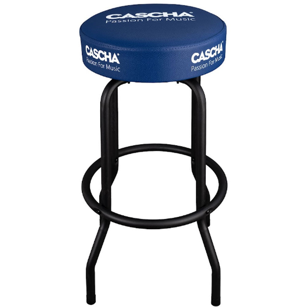 Cascha Bar Stool Black with Blue Padded Top, Metal Frame, 35.5 cm Diameter, 76.5 cm Height