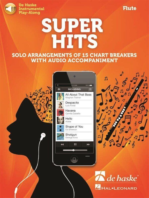 Super Hits Flute Play-Along Book by De Haske Publications, 28 Pages, Includes 15 International Chart Hits, Downloadable Audio Tracks