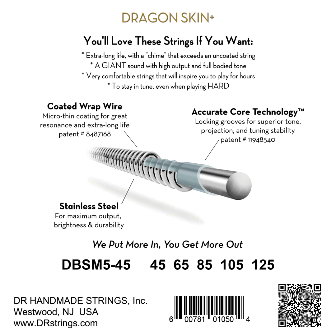 DR Dragon Skin+ Stainless Steel Bass Strings 45-125 Multi-Scale — view 2