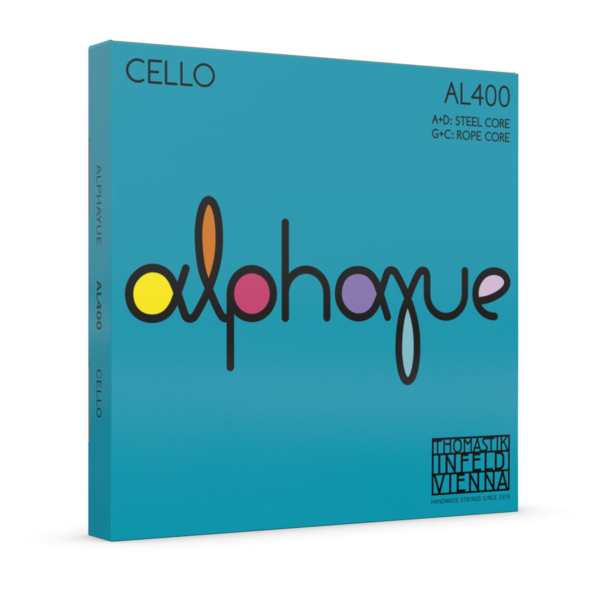 Thomastik AL400 Alphayue Cello String Set - Medium Gauge, 4/4, 3/4, 1/2, 1/4, 1/8 Sizes, Carbon Steel & Chrome Wound Strings