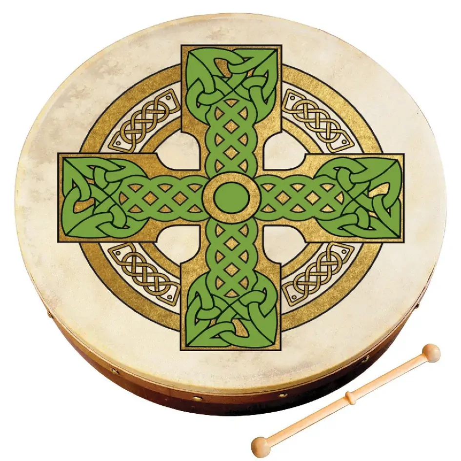 Waltons 8 Inch Bodhran Cloghan Cross Print with Wooden Beater