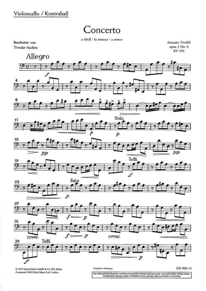 Vivaldi L'Estro Armonico Op 3/6 RV 356 Cello/Double Bass Part Schott Music