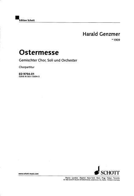 Genzmer - Ostermesse GeWV 3 (Easter Mass) Choral Score, 84 Pages, Publisher: Schott Music