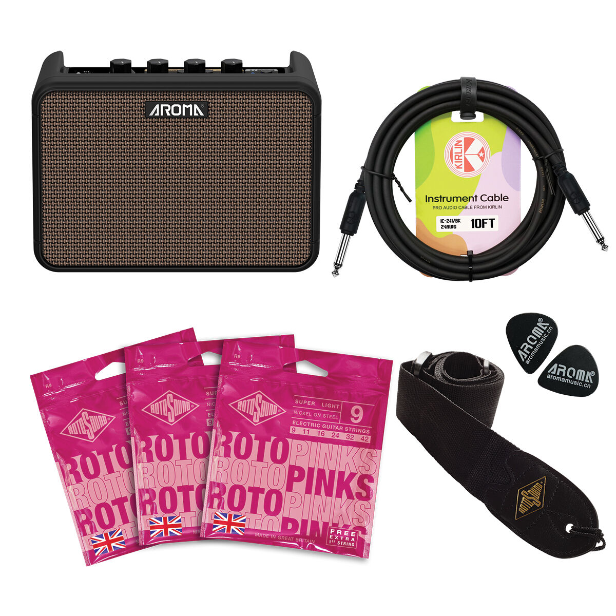 Northstar add-on guitar pack with Aroma AG10N amp Rotosound R9 strings Kirlin cable and accessories
