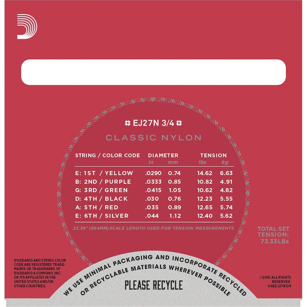 D'Addario Classical Guitar String Set 3/4 Size Nylon Normal