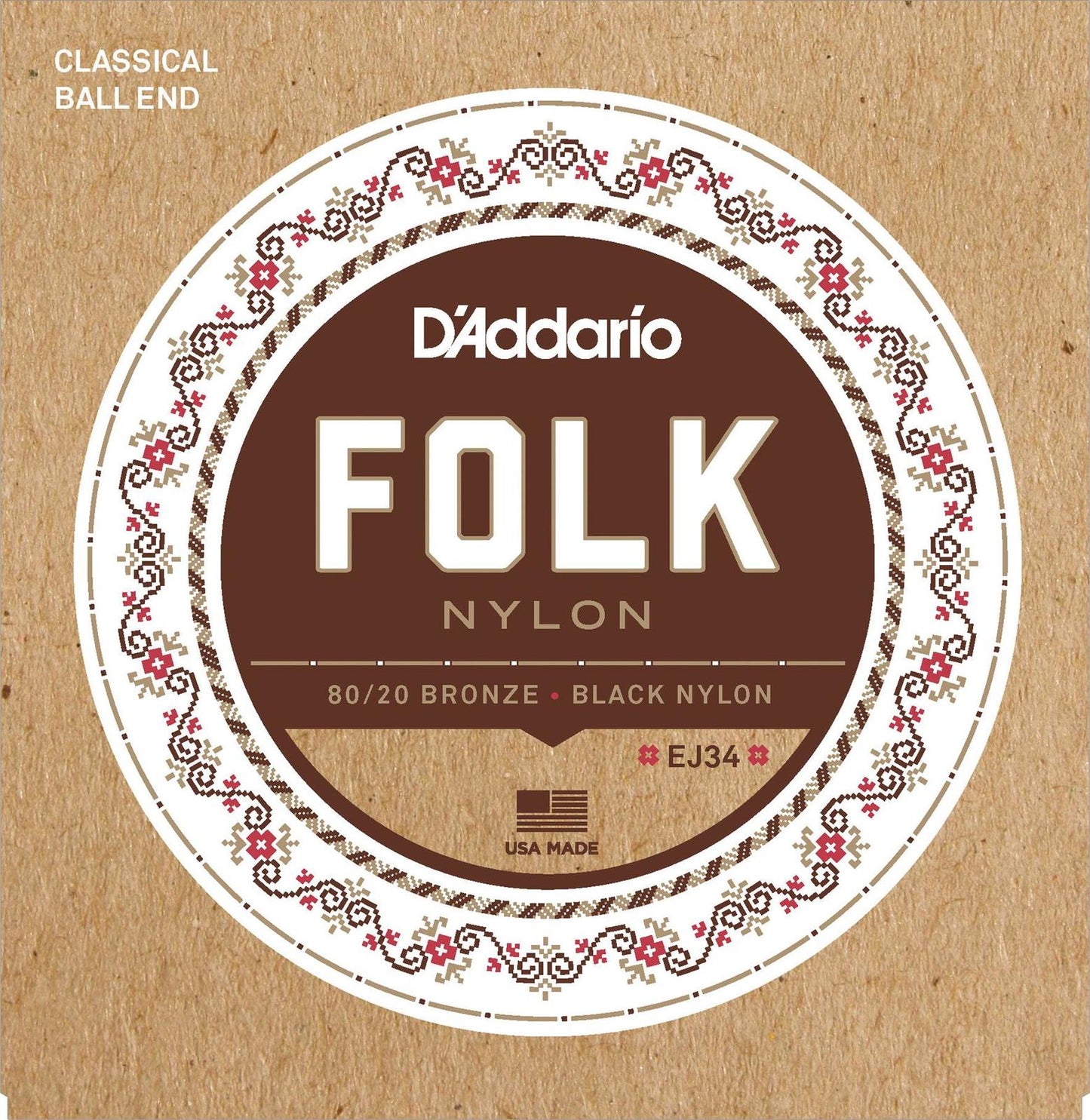 D'Addario EJ34 Folk Nylon Guitar Strings, Ball End, 80-20 Bronze-Black Nylon Trebles