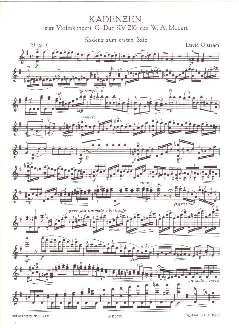 Mozart Concerto No. 3 in G Major K. 216 for Violin/Piano Edition Oistrakh