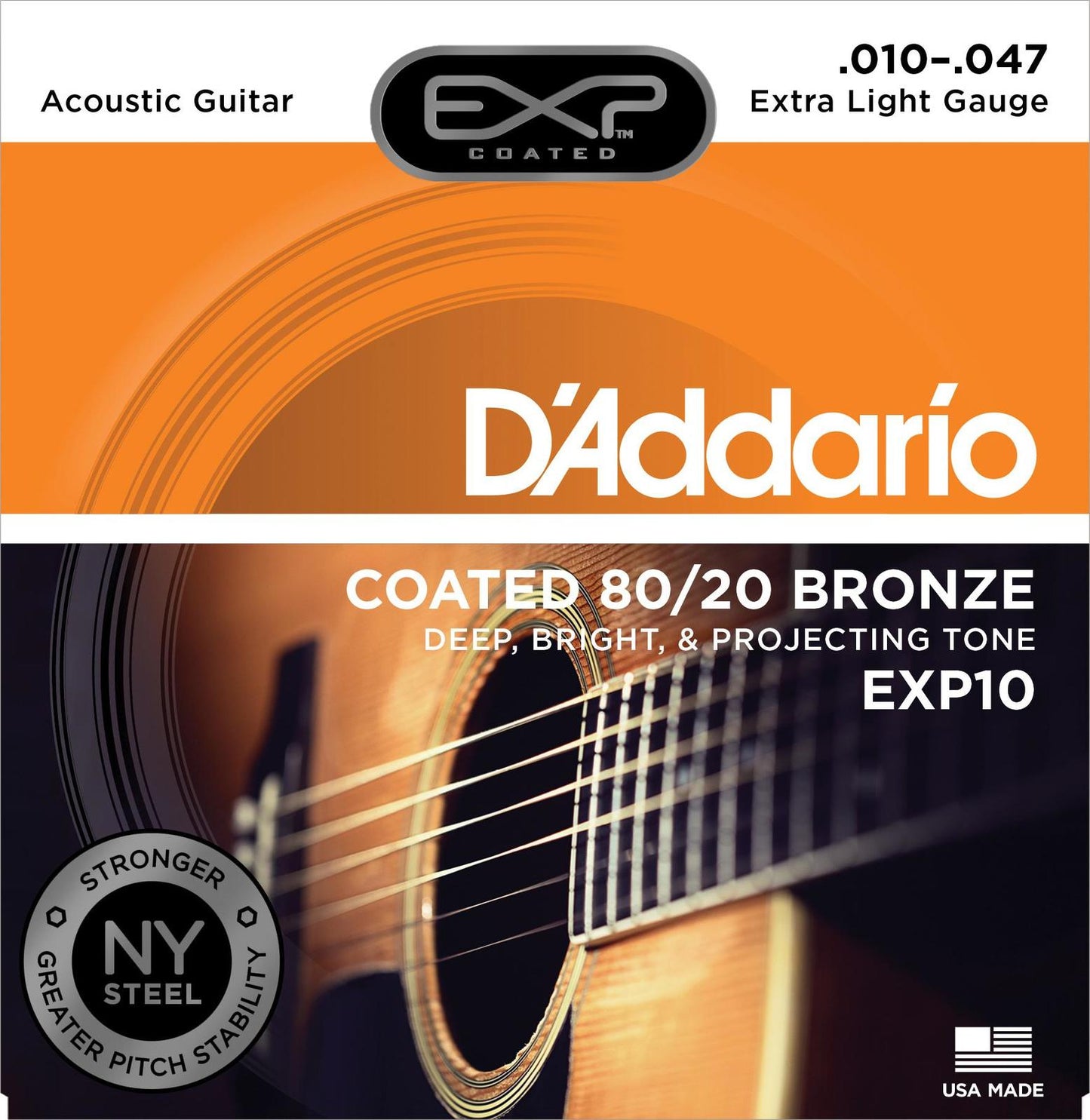 D'Addario EXP10 Coated Acoustic Guitar Strings, 80-20, Extra Light, 10-47