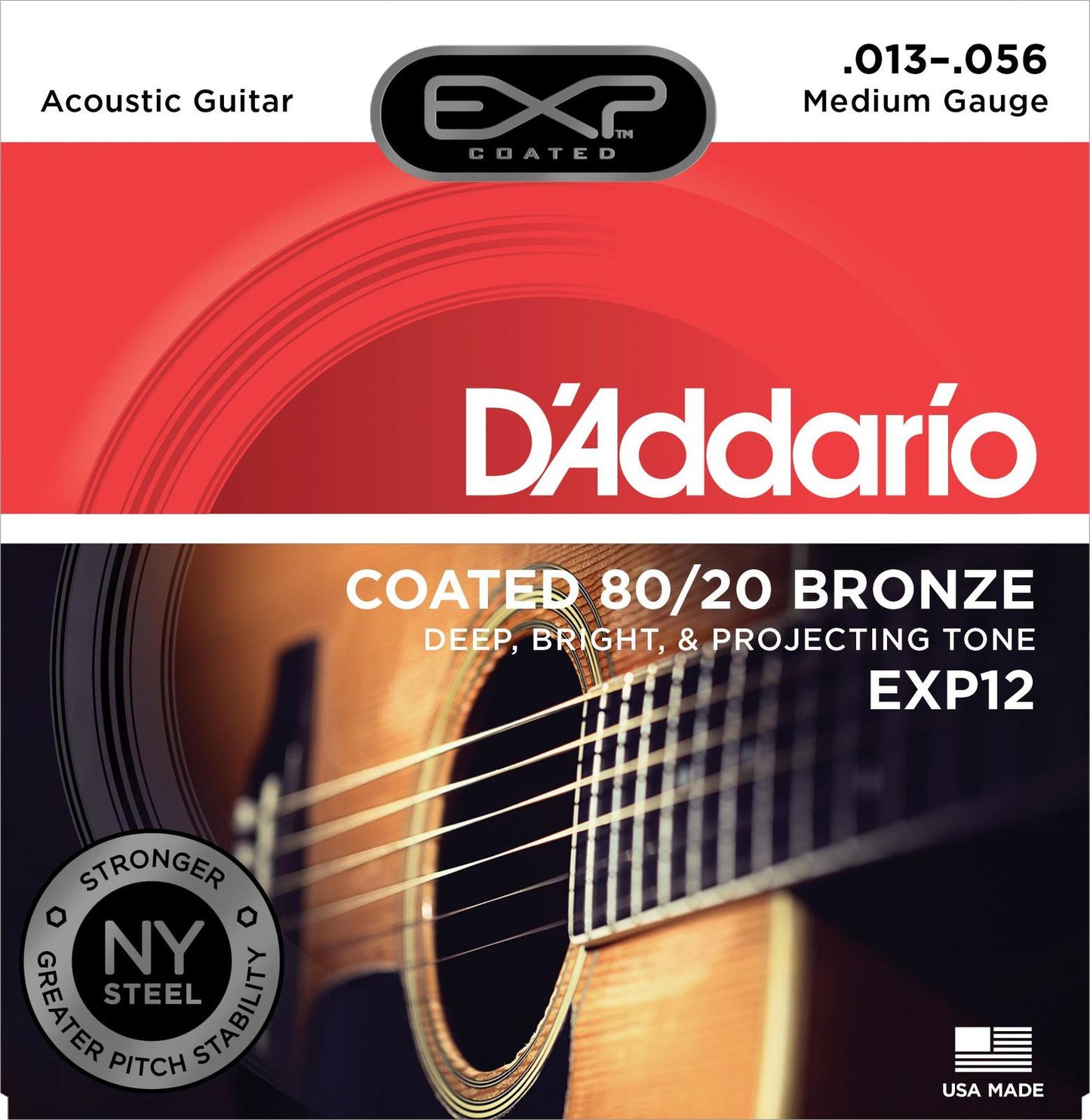 D'Addario EXP12 Coated 80-20 Bronze Acoustic Guitar Strings, Medium, 13-56