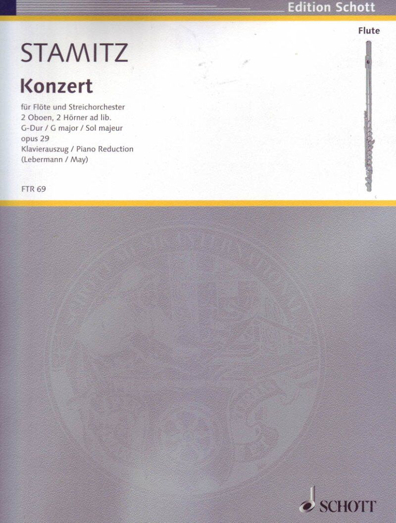 Stamitz Concerto in G Major Op. 29 for Flute and Piano Study Score 43 Pages