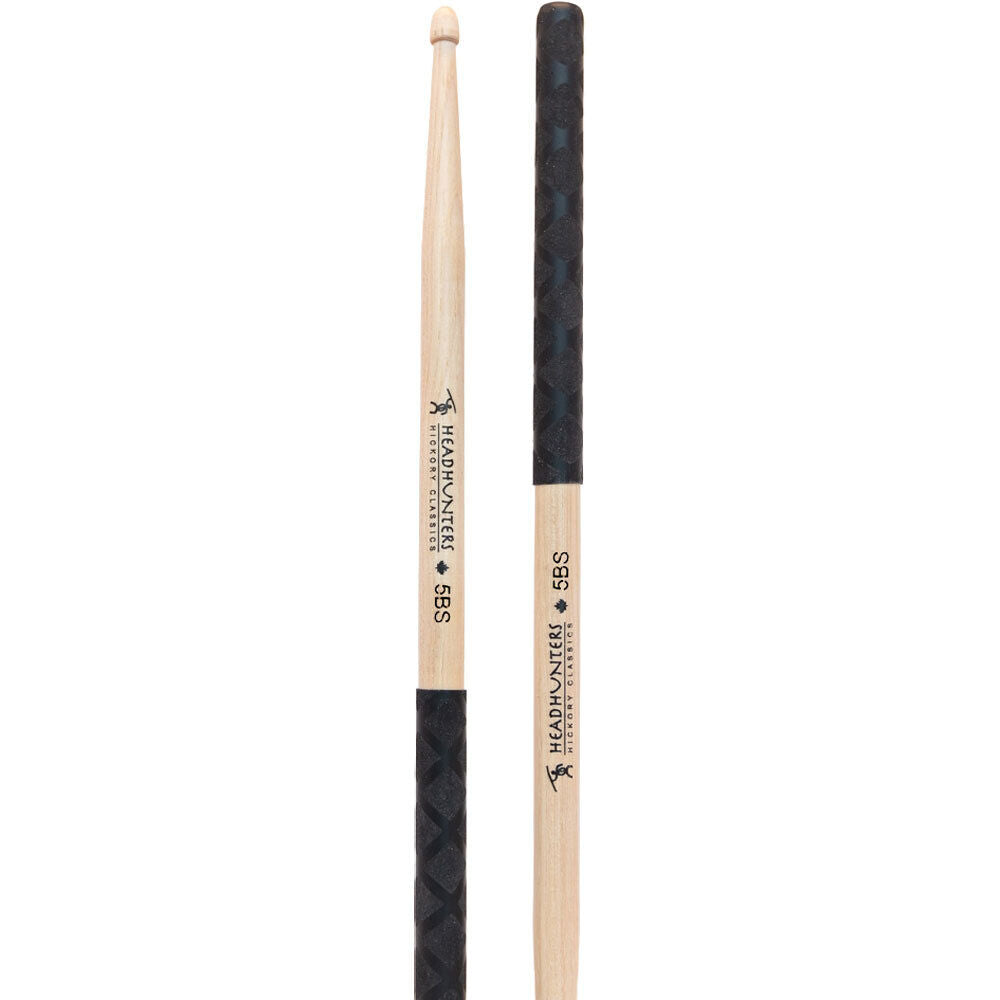 Headhunters Hickory Classic 5BS Drum Sticks Wood Tip with Black-X Grip, 413mm Length, 15mm Diameter, Acorn Tip, 1-Pair